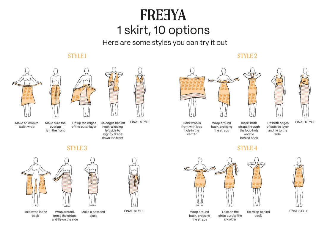 Visual showing 4 ways to tie a wrap skirt
