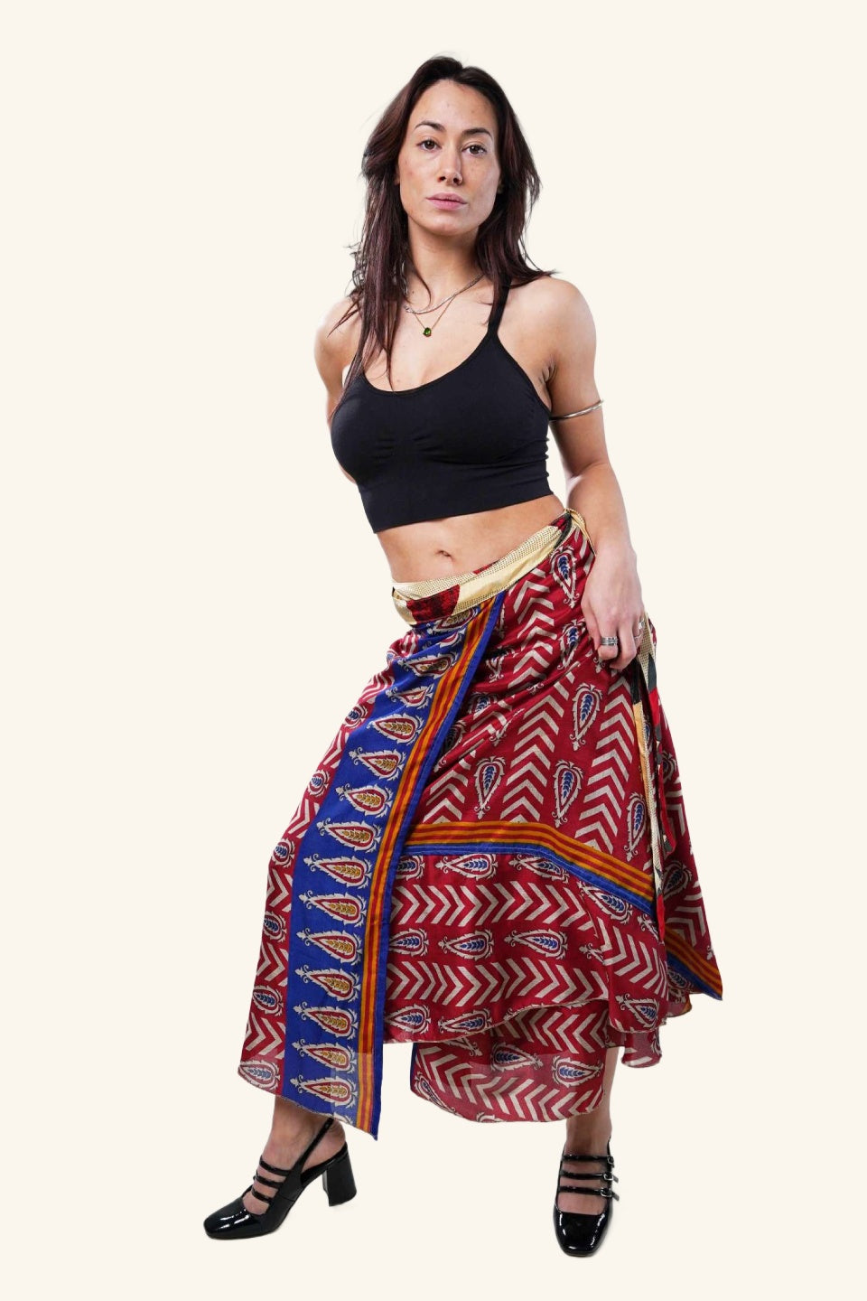 Long wrap skirt on model