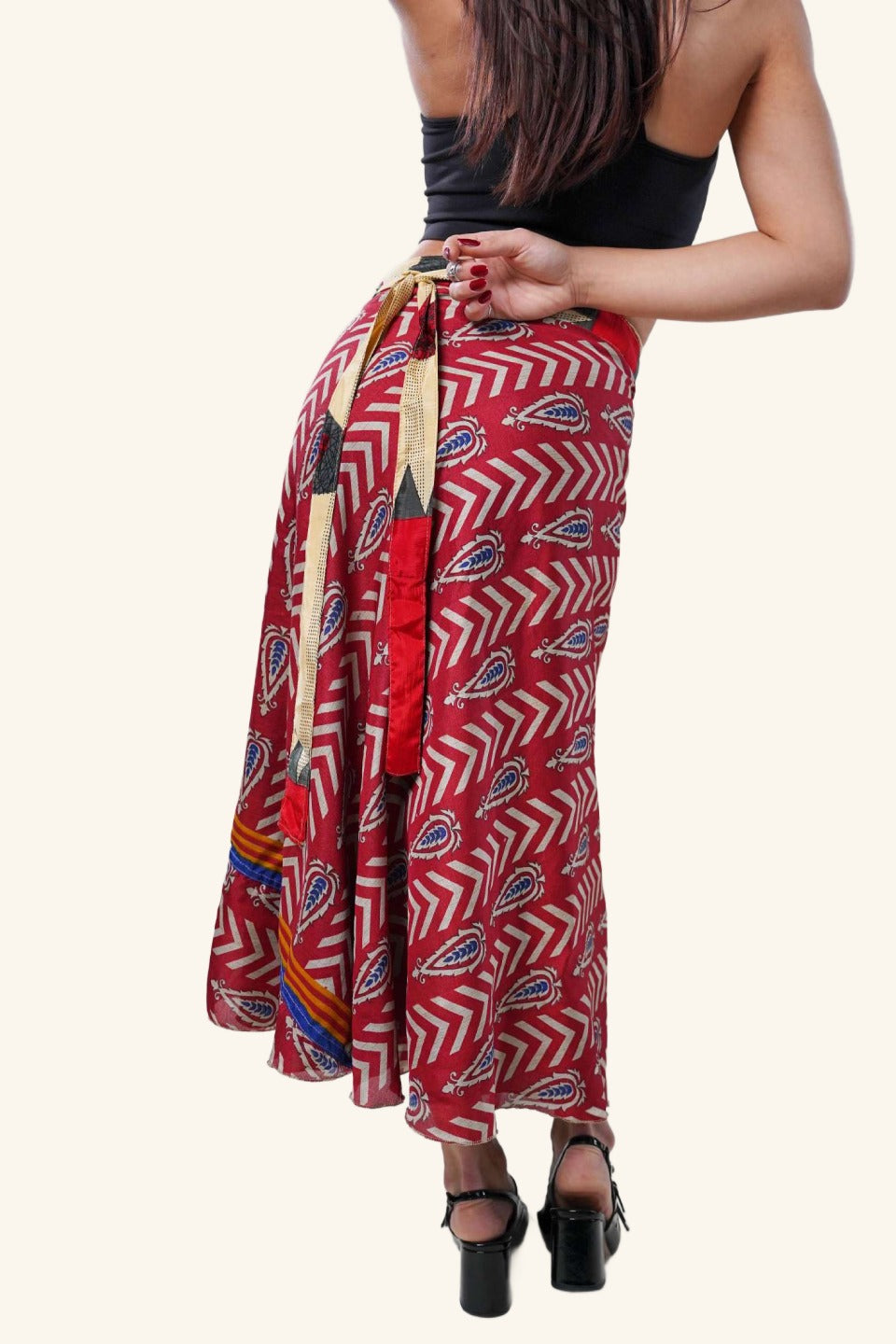 Long wrap skirt on model