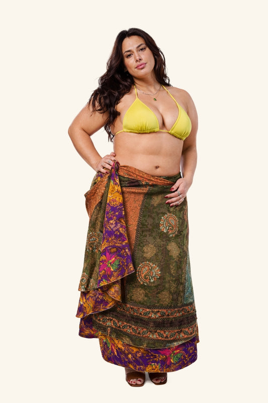 Model wearing long wrap skirt in boho style