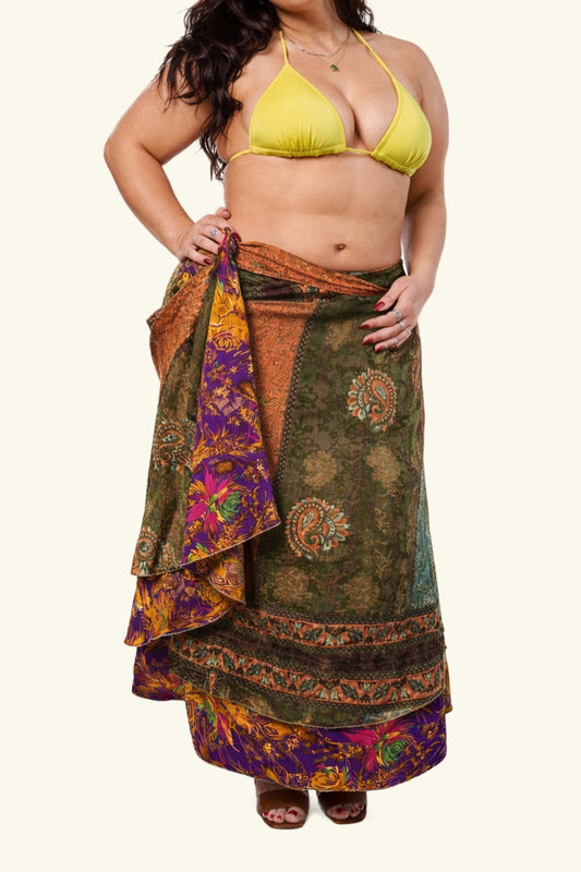 Reversible Long Wrap Skirt - Green/Purple - Curvy Size