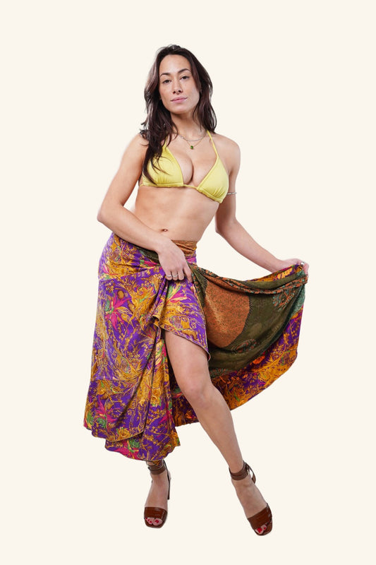 Model showing long wrap skirt with floral design