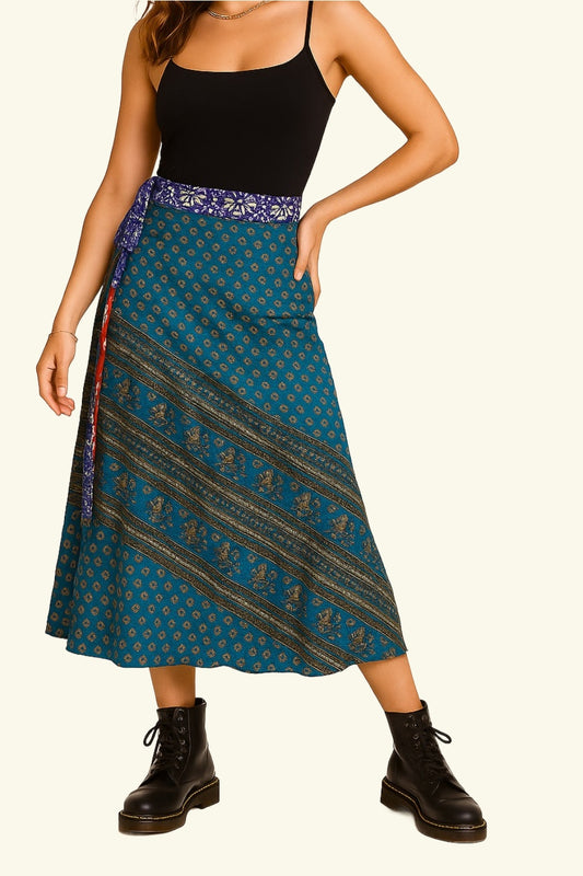 Reversible Long Wrap Skirt - Blue/Blue - Classic Size