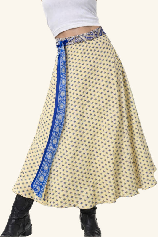 Skirt with blue trim and white top on a white background