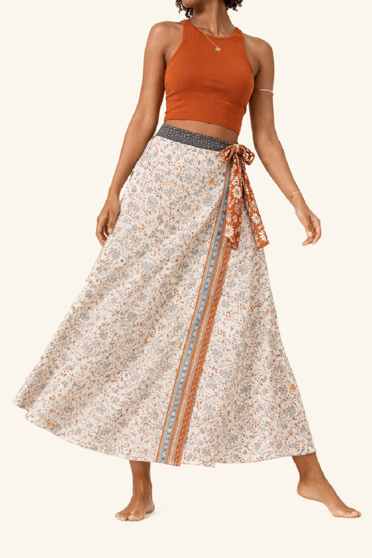 Reversible Long Wrap Skirt - Terracotta/Beige - Classic Size