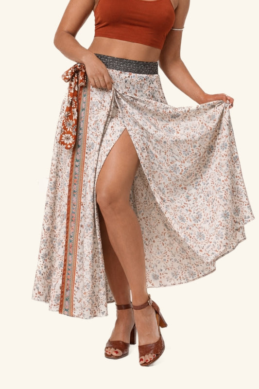 Reversible Long Wrap Skirt - Terracotta/Beige - Classic Size