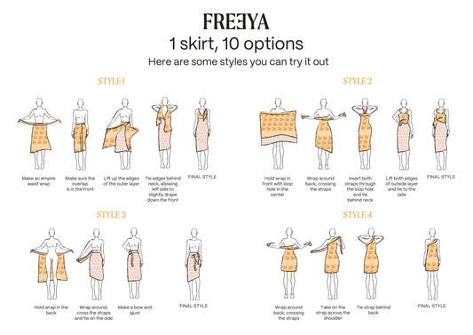 Visual showing 4 ways to tie a wrap skirt