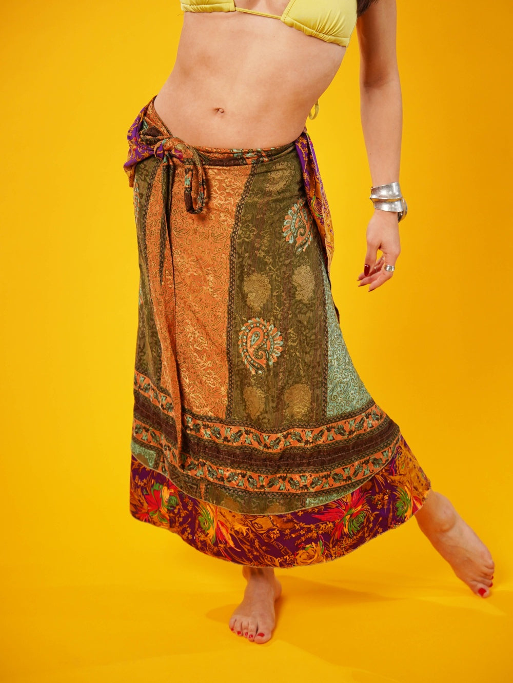 Woman wearing a long wrap skirt