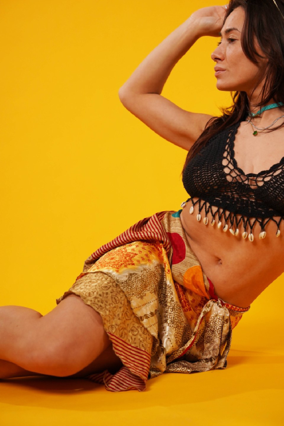 Woman wearing short wrap skirt