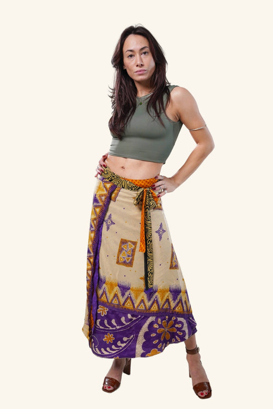 Long wrap skirt on model