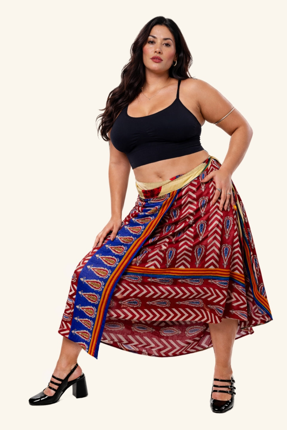 Long wrap skirt on model with a paisley design