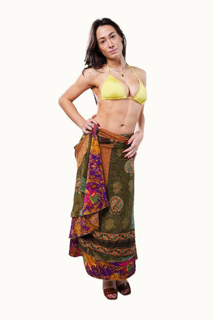Model wearing long wrap skirt in boho style
