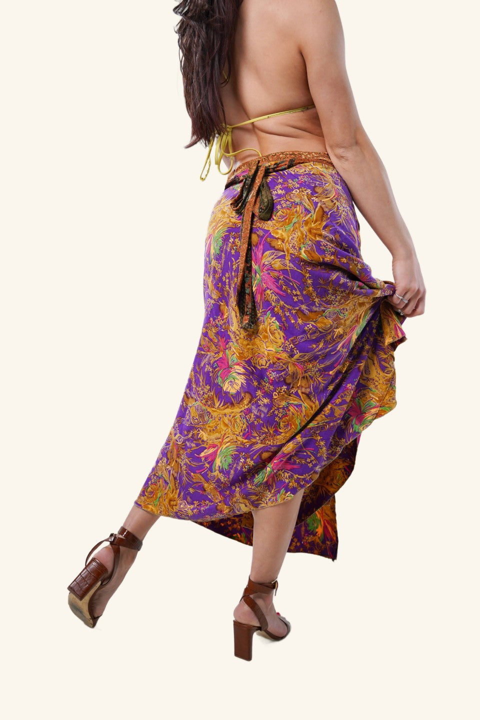 Long wrap skirt on model showing the backside