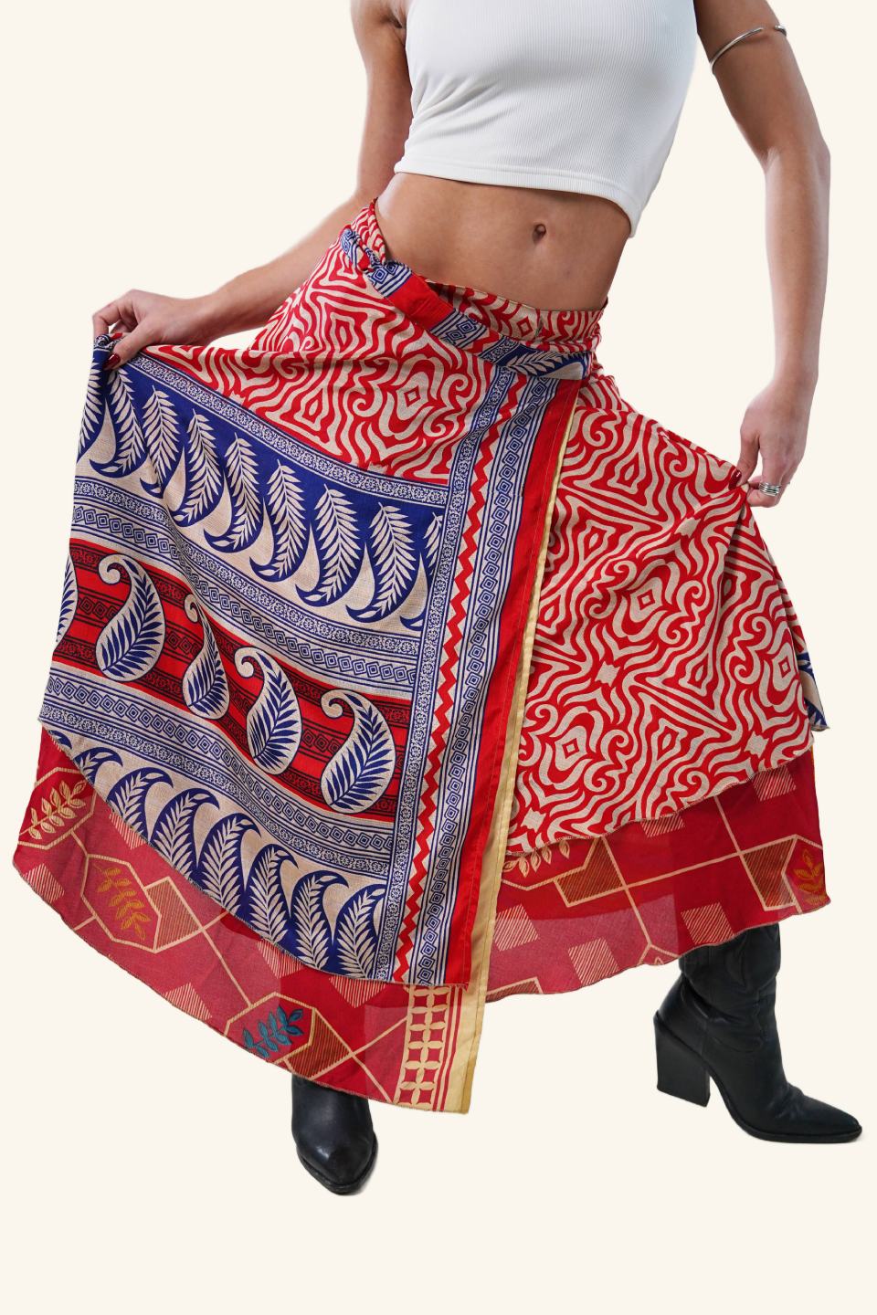 Long wrap skirt on model