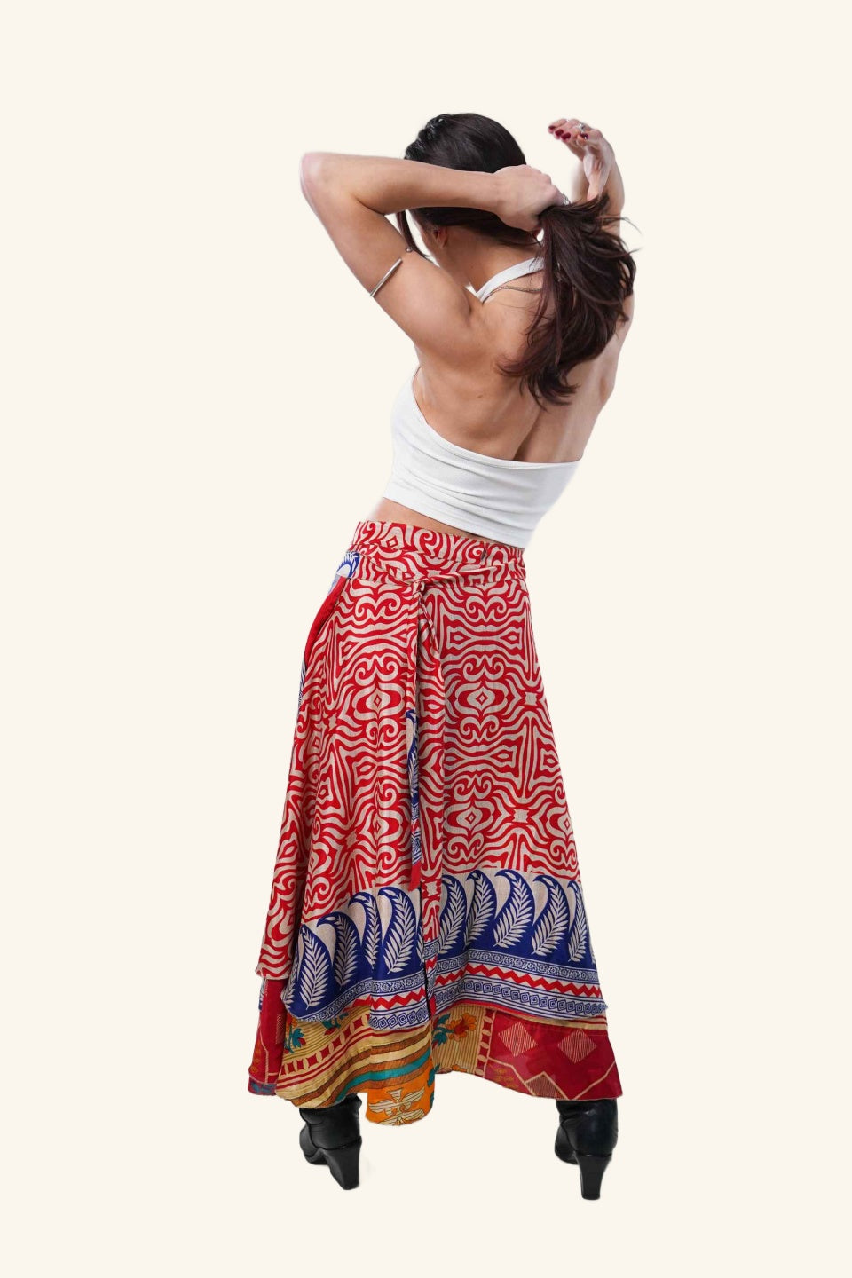 Long wrap skirt on model