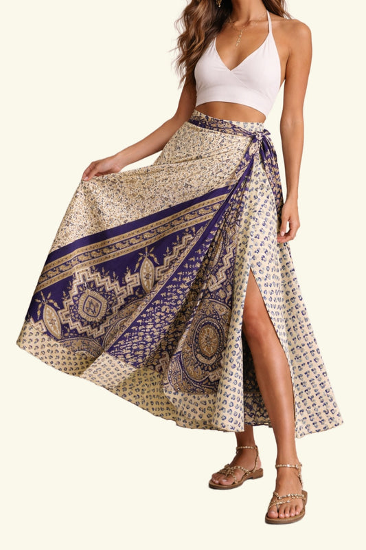 Dubbelzijdig Lange Wikkelrok - Blauw/Beige - Classic Maat