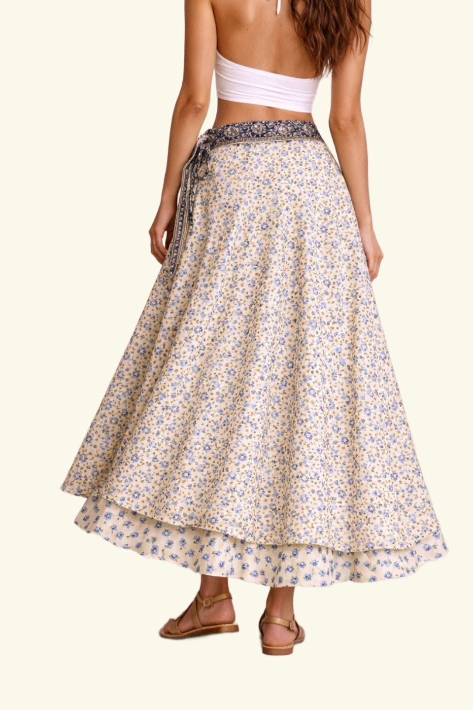 Dubbelzijdig Lange Wikkelrok - Blauw/Beige - Classic Maat