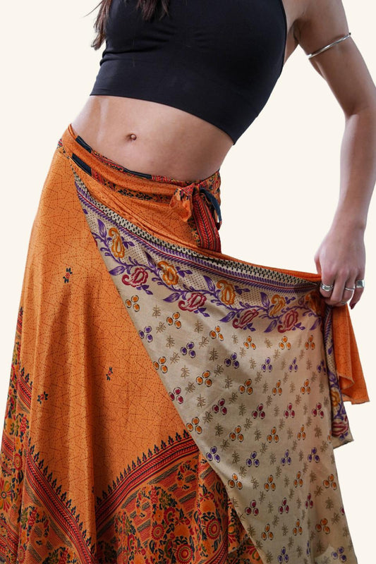 Long wrap skirt on model