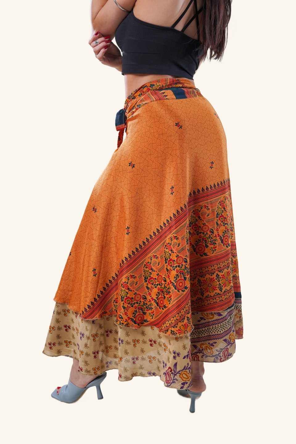 Long wrap skirt on model