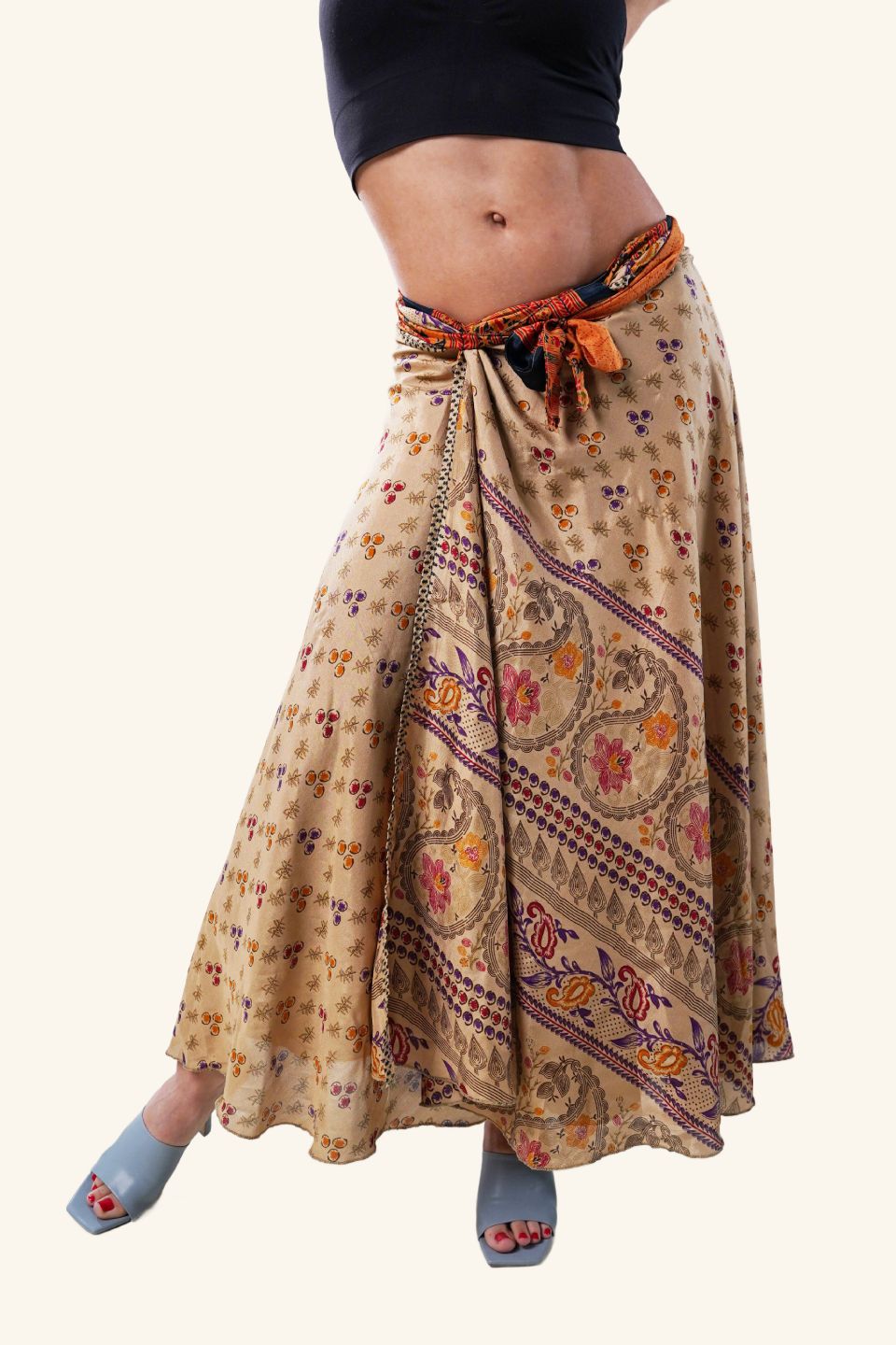 Long wrap skirt on model
