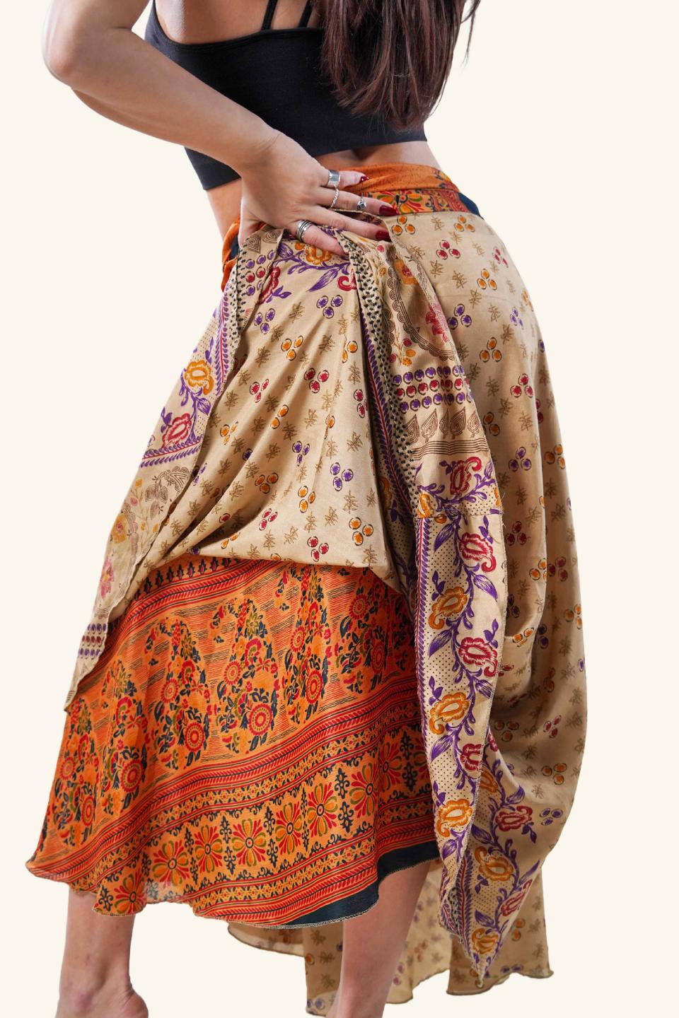 Long wrap skirt on model