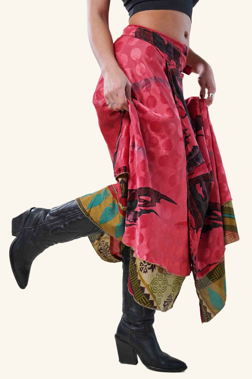 Long wrap skirt on model