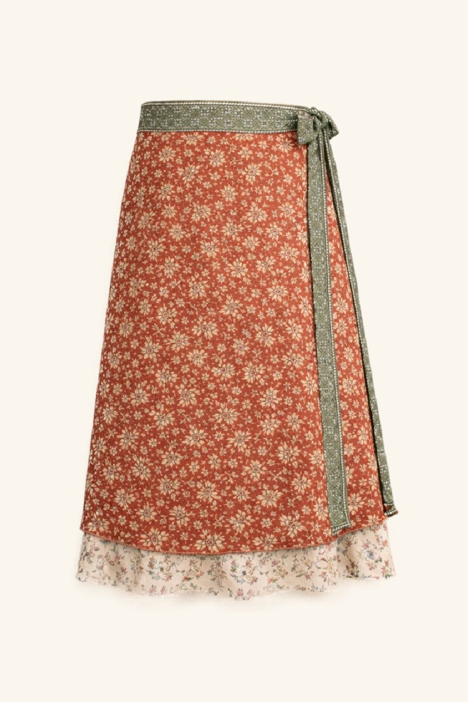 Floral patterned skirt with a grey trim on a white background